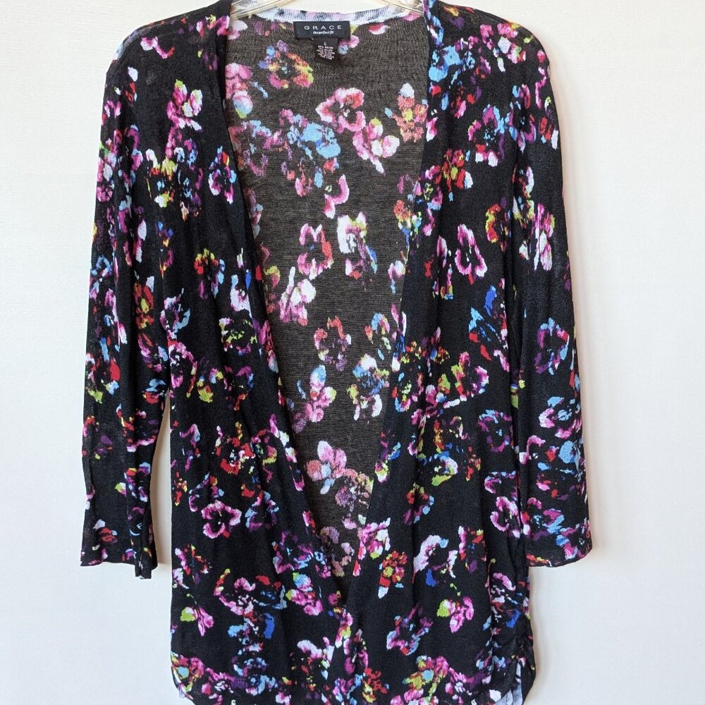 3/$15** Black Multi-color Floral Lighweight Open Front Cardigan